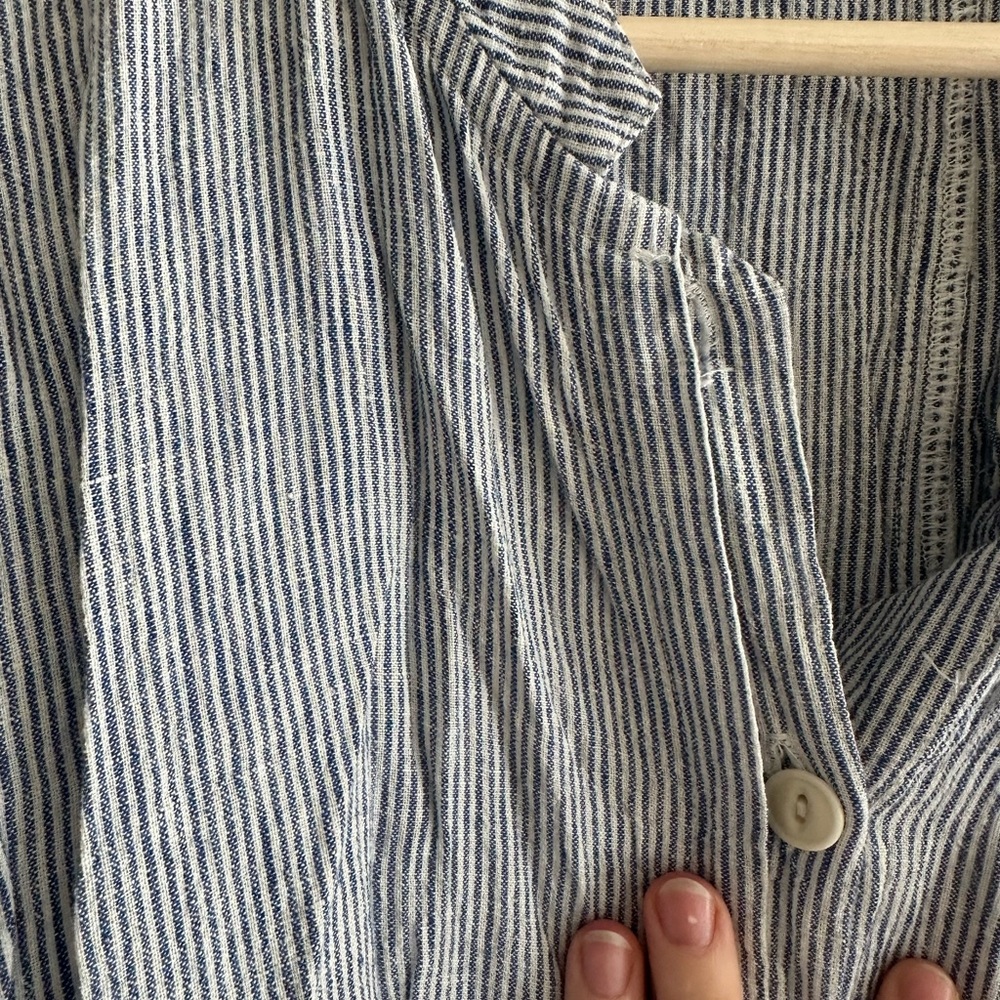Poetry Heavyweight Linen Blue Striped Button-Front Dress Mandarin Collar - Picture 4 of 7